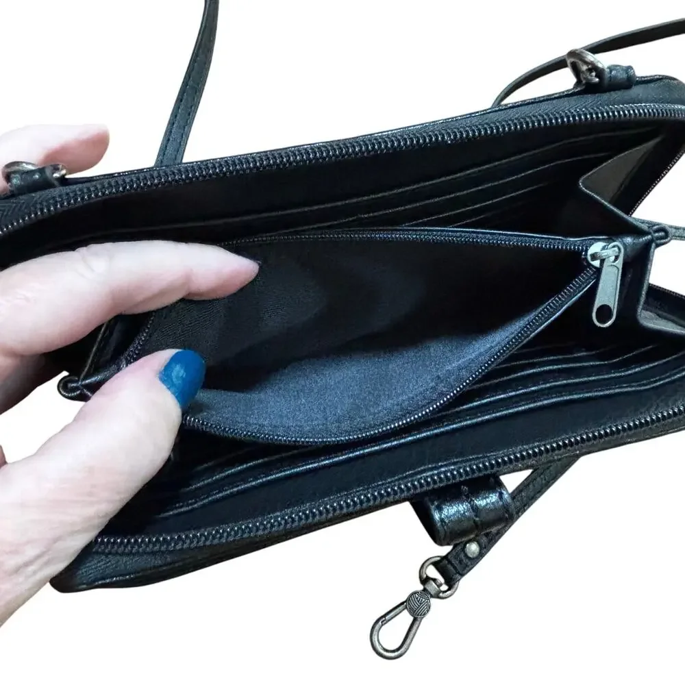 THE SAK black leather clutch purse wristlet crossbody bag zip around wallet